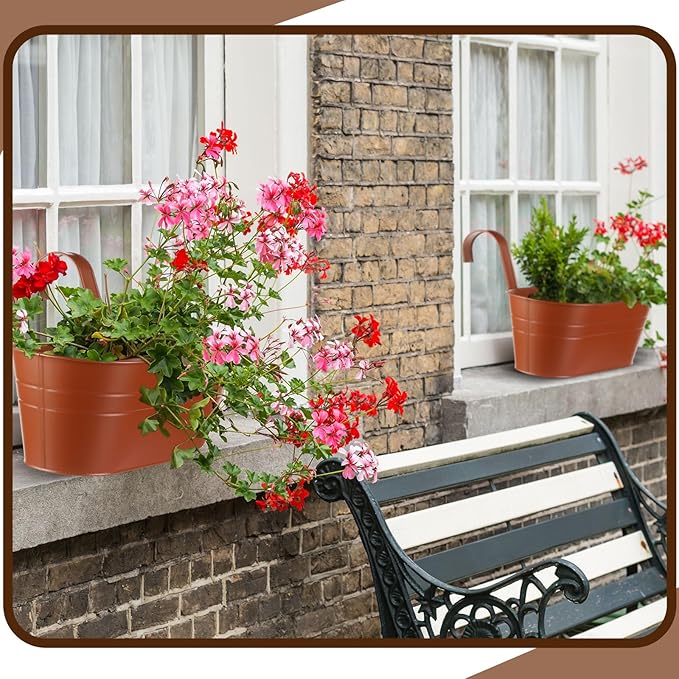 Hicarer Metal Hanging Flower Pots for Railing Fence, Large Hanging Rail Planters for Outdoor Window Balcony Plants Holder with Hooks for Garden Yard Home Decor(Brown,12 Pcs)