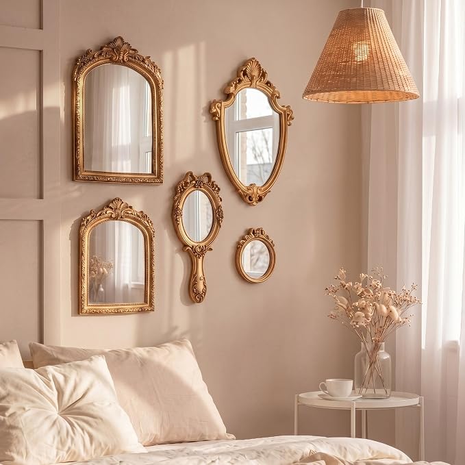 5 Pcs Vintage Gold Mirror Luxury Set Small Gold Mirrors Vintage Gallery Wall Mirror Hanging Antique Art Decor for Wall Living Room Entryway Assorted Sizes(Classic Style,13in/8in/7in/4in)