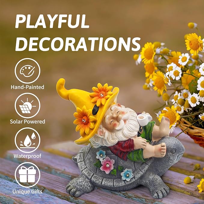 Garden Gnomes Outdoor Decor - Funny Sunflower Gnome Sitting on Turtle with Solar Lights, Gnomes Decoration for Lawn Yard Patio, Garden Gifts for Women, Mothers Day, Housewarming