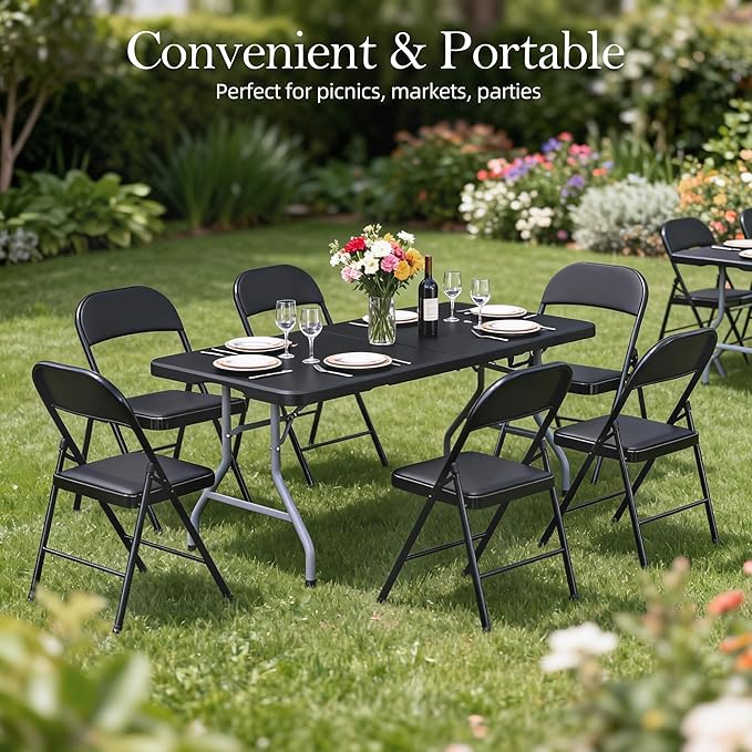 Folding Table with Carrying Handle & Steel Legs | 5FT Heavy Duty Portable Foldable Plastic Table | Perfect Tables for Party, Dining, Wedding, Events, Picnic Indoor, Outdoor, Camping, Utility White