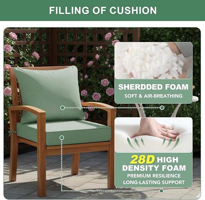 Summsun Outdoor Cushions for Patio Furniture, Faux Linen Water Resistant Backrest and Deep Seat Cushion Set with Removable Cover, Straps, Non-Slip Bottom, 24 x 24 Inch, Sage Green