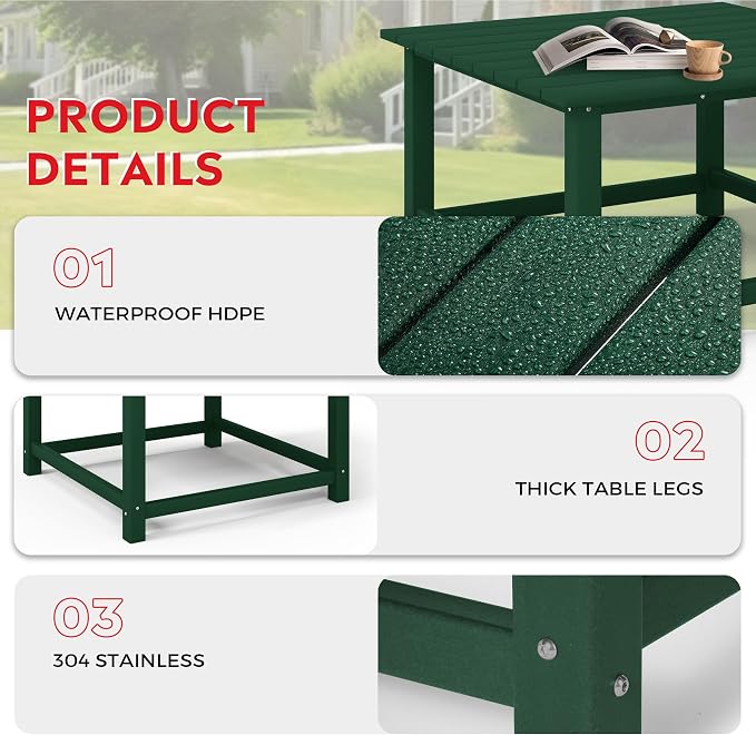 Costaelm Patio Conversation Table, Tatio Accent HDPE Outdoor Weather Resistant, Square Outdoor Porch Balcony Patio Drink Table for Outside, Pool, Backyard, Dark Green