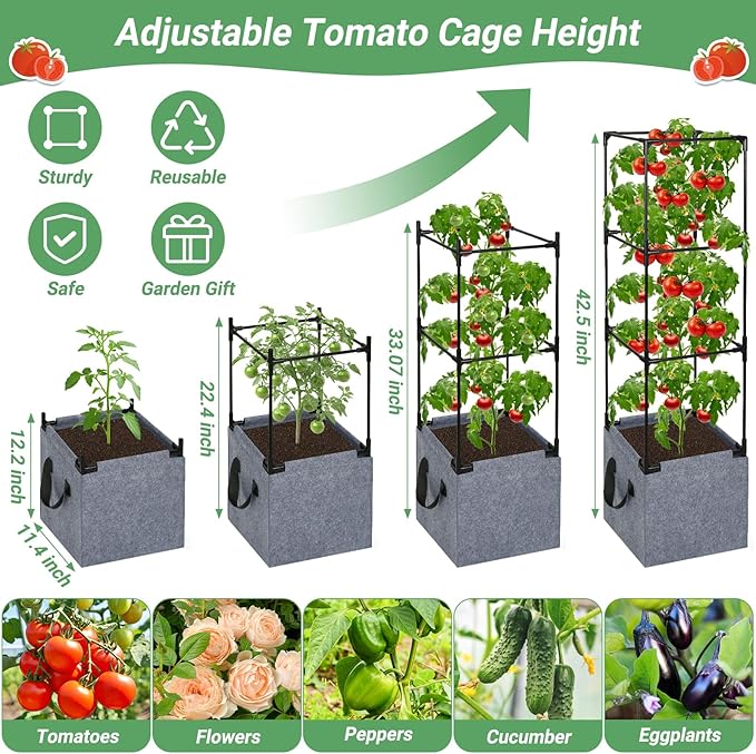 Qinzave 3 Pack Square Tomato Cages with Grow Bags, 42.5 Inch Stable Square Tomato Planter Support Stakes Kit for Garden, Tomato Cages Trellis Pots for Spring Climbing Vegetables Fruits Vines Flowers