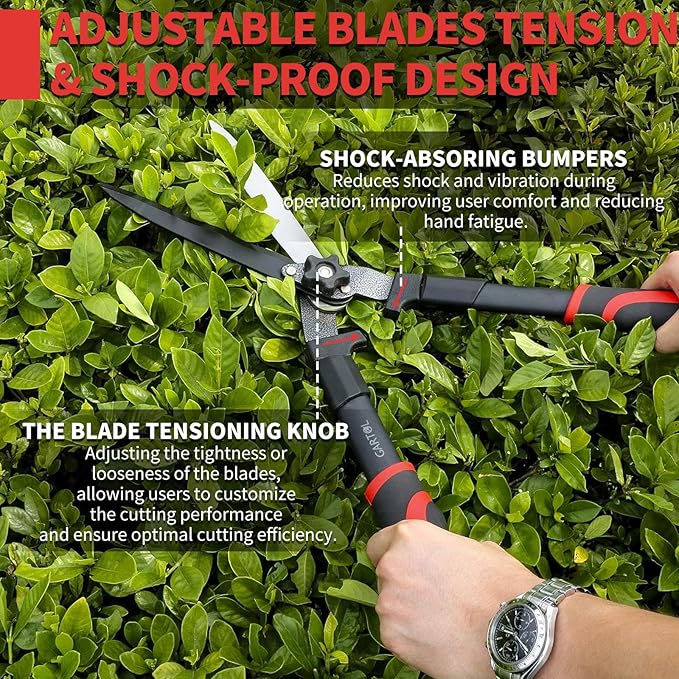 GARTOL 23-Inch Hedge Shears, Manual Garden Clippers with 9" High Carbon Steel Wavy Blade, Heavy Duty Bush Trimmers with Shock-Absorbing Bumpers & Adjustable Tension, Easy-Grip Handles