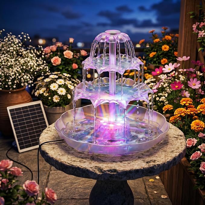 AISITIN 6.5W Solar Bird Bath Fountain with 8-Color LED Lights, 3 Tiered Bird Bath & Feeder, Upgraded Detachable Solar Pump for Garden, Patio, Yard, Pond (Auto Pump Day, Light at Night)