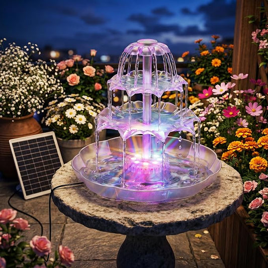 AISITIN 6.5W Solar Bird Bath Fountain with 8-Color LED Lights, 3 Tiered Bird Bath & Feeder, Upgraded Detachable Solar Pump for Garden, Patio, Yard, Pond (Auto Pump Day, Light at Night)