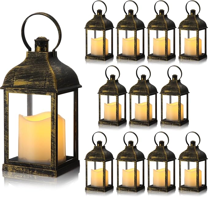 12 Set 10 Inch Bronze Decorative Candle Lanterns Bulk Lanterns Centerpiece with LED Flameless Candle Indoor Outdoor Battery Powered Hanging Lights for Wedding Father Day Party Decoration