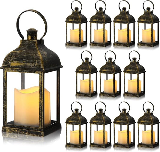 12 Set 10 Inch Bronze Decorative Candle Lanterns Bulk Lanterns Centerpiece with LED Flameless Candle Indoor Outdoor Battery Powered Hanging Lights for Wedding Father Day Party Decoration