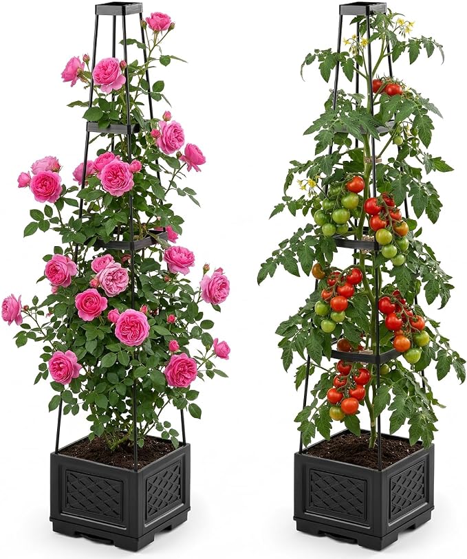 Tomato Planter with Wheels & Self Watering - 57" Tiered Pot with Drip Tray for Climbing Plants, Vegetable Vine, Flowers - Mobile Indoor/Outdoor Gardening for Small Space, Patio, Balcony (2 Pack)