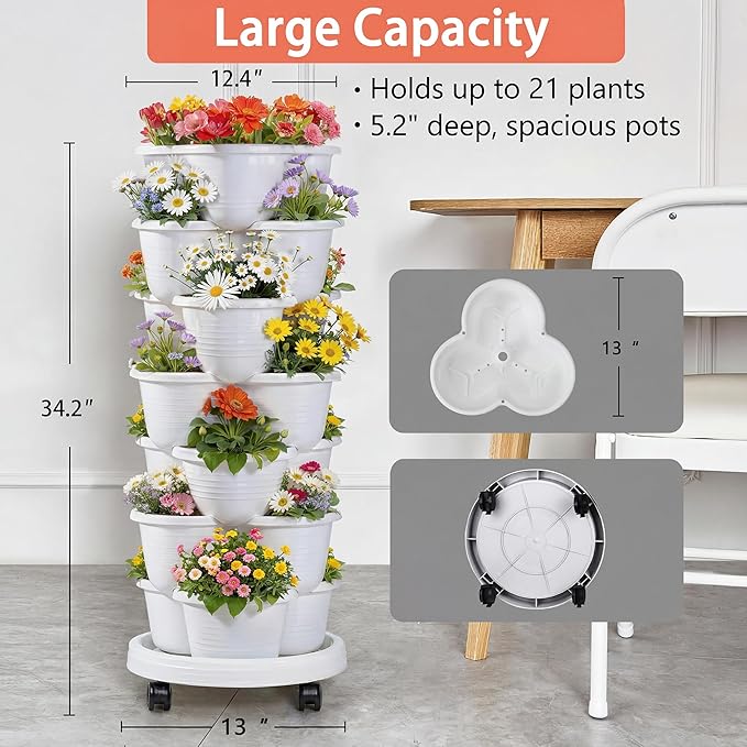 VECELO 7 Tier Vertical Garden Planter, Self Watering Stackable Planters with Wheels for Strawberries, Herbs, Flowers, Vegetables, White