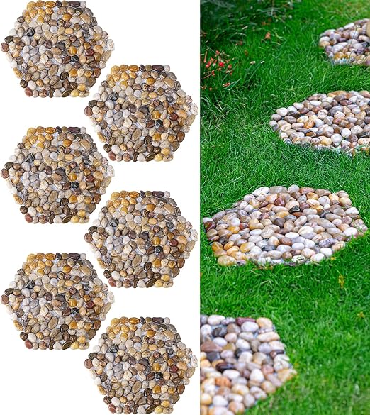Stepping Stones Outdoor, 12 Inch Natural River Rock Garden Pavers, Set of 6 Round Pebble Stones for Walkway, Yard, Lawn, Patio, Pathway & Landscaping Decor (Hexagon)