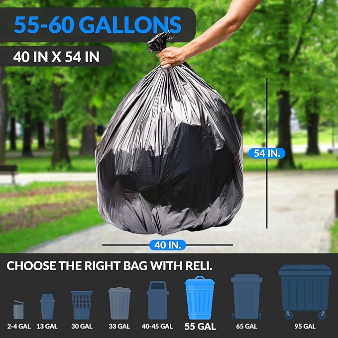 Reli. 55-60 Gallon Trash Bags Heavy Duty | 150 Trash Bags with Ties | Super Sizeable, Black, Serious Garbage Cleanup