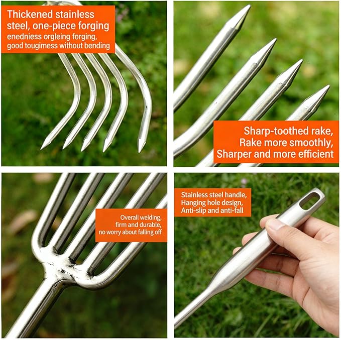 5-Tine Long-Handle Stainless Steel Small Rake – Multi-Purpose Tool for Garden Weeding, Beach Combing & Mushroom Foraging