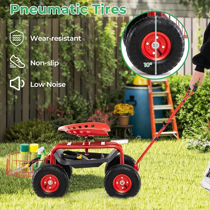 Garden Seat with Wheels, Rolling Stool with Extendable Handle, Storage Basket & Tool Tray, Garden Scooter with 360 Degree Swivel Seat for Outdoor & Yard (Red)