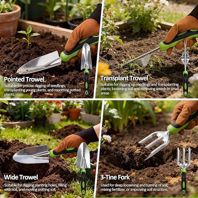 Garden Tool Set with Floral Bag,9-Piece Stainless Steel Gardening Hand Tool with Rubber Non-Slip Handle,Yard Tools Gifts for Women & Seniors,for Planting, Weeding & Seedling Transplanting