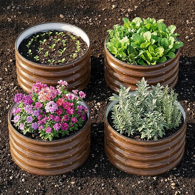 SnugNiture Raised Garden Bed, 4 PCS 2×2×1.5ft Round Galvanized Outdoor Planter Box, 17" Tall Deep Metal Garden Bed Kit for Planting Vegetables, Fruits, Flowers, Brown