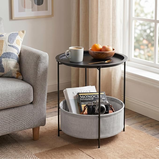 VECELO Round Side/End Table with Fabric Storage Basket，Metal Anti-Rust and Waterproof Small Bedside Nightstand with Removable Tray Top for Living Room，Balcony & Laundry，Black /2pcs with Basket