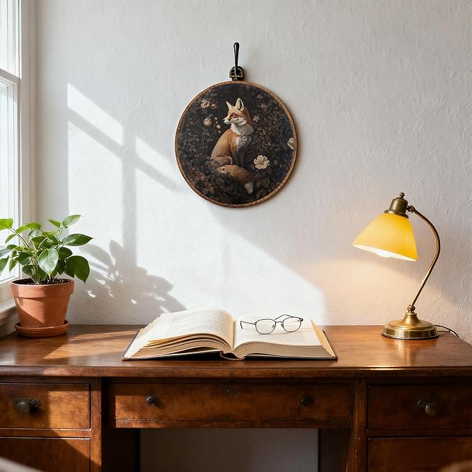 DOFQZ Vintage Boho Floral Fox Round Wall Art Decor, Mystical Forest Fox Botanical Framed Wall Art, Dark Cottagecore Wildlife Canvas Wall Hanging Decor for Home Bedroom Living Room, 10x10