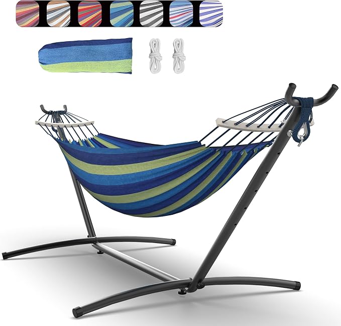 Everyfun Double Hammock with Space-Saving Steel Stand, 2 Person Heavy-Duty Hammock for Garden, Yard or Outdoor, 600lbs Capacity, Wide Blue