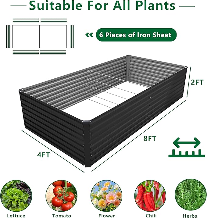 DIIYIV Galvanized Raised Garden Bed Kit Outdoor Patio,8x4x2ft Large Rectangular Metal Planter Boxes,Deep Root Box Planter for Gardening,Vegetables,Flowers,Herbs-Black