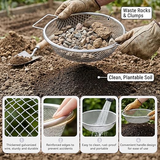 3 Pcs Soil Sifter for Gardening with Handle, 3mm + 6mm + 10mm Mesh Compost Sifters Dirt Sifters, Heavy Duty Rock Sifter for 5 Gallon Bucket, for Compost, Dirt, Rocks, Gravel & Garden