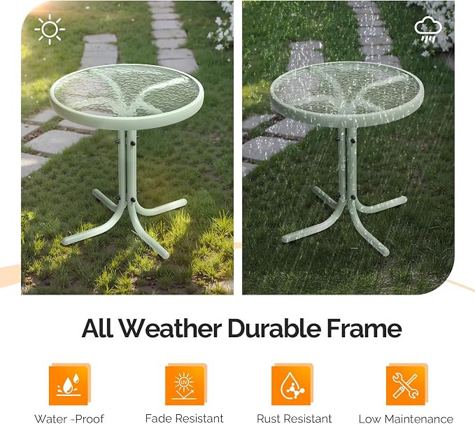 VINGLI Outdoor Side Table, 18" Patio Table Steel Frame Tempered Glass Top, Weatherproof Small Tables for Balcony Garden Poolside (Green, Round)