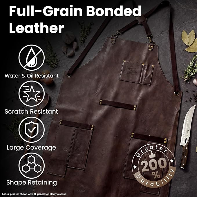 SYOKAMI Bonded Leather Chef Cooking Apron for Men, Cross Back Apron for All-Day Comfort, Waterproof Apron with Multiple Pockets, Great for Kitchen, Garden, BBQ, Butcher Work or Crafts, Ideal Gift