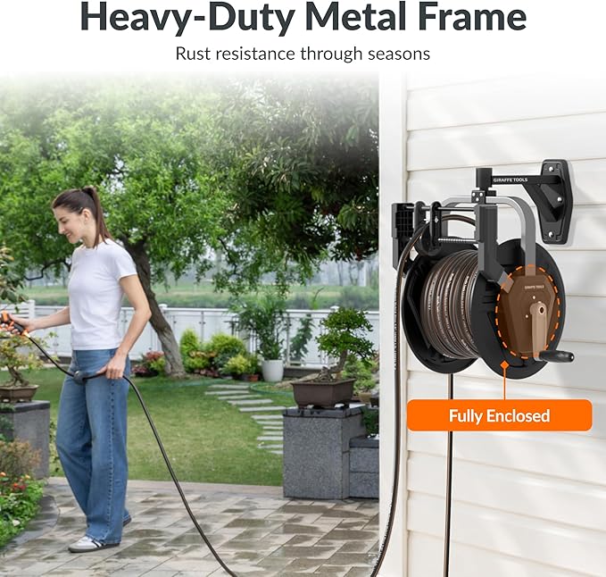 Giraffe Tools Garden Hose Reel Wall Mount, 125FT 5/8" Hose Capacity, Heavy Duty Water Hose Reel for Outside, Retractable Hose Guide with Crank, 210° Swivel, for Yard Lawn Garage