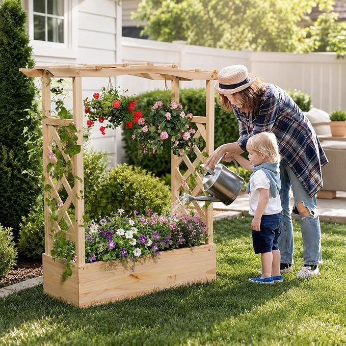 Giantex Raised Garden Bed with Trellis & Hanging Roof, Wooden Elevated Planter Box with Drainage Hole, Freestanding Gardening Planter Raised Bed for Flowers Herbs Climbing Plants Vines, 44”x14”x45”