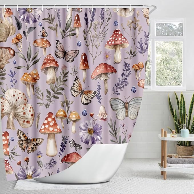 Purple Cute Musrhoom Shower Curtain, Rustic Boho Floral Fabric Shower Curtains for Bathroom, Vintage Chic Wildflower Butterfly Cloth Fairy Witchy Botanical Shower Curtain Set with Hooks 72X72 Inch