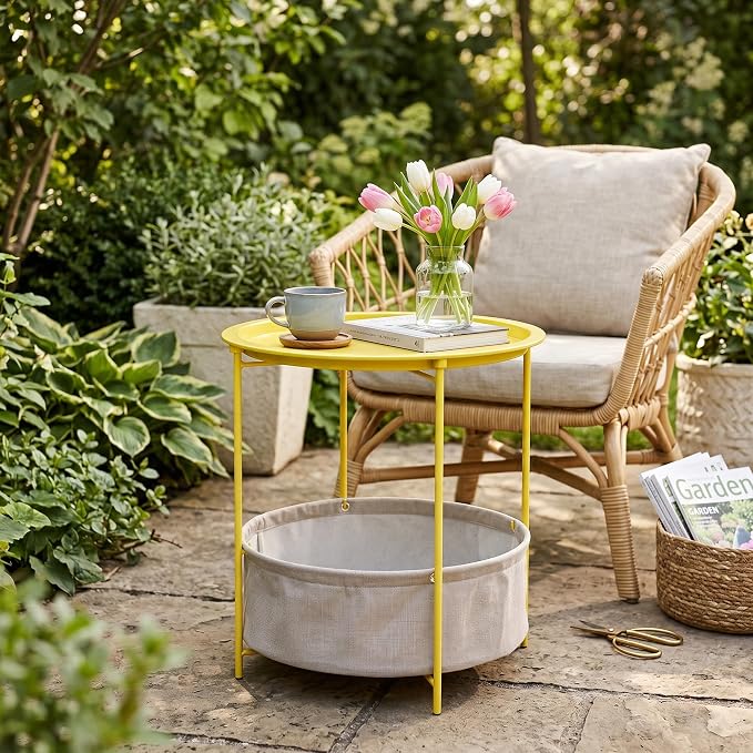 VECELO Round Side/End Table with Fabric Storage Basket，Metal Anti-Rust and Waterproof Small Bedside Nightstand with Removable Tray Top for Living Room，Balcony & Laundry，Yellow /1pcs with Basket