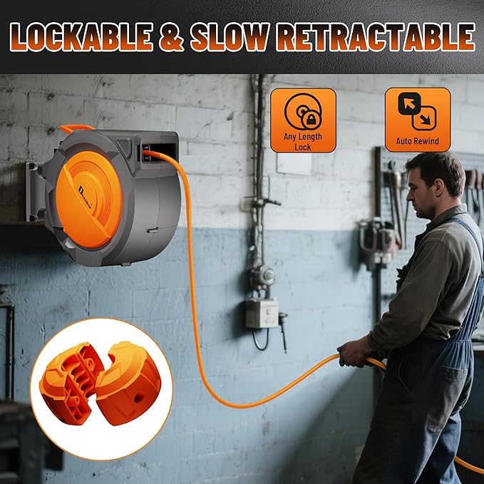 Retractable Air Hose Reel, 3/8" x 120ft Hybrid Hose, Auto Rewind Enclosed Air Compressor Hose Reel with 180° Swivel Bracket, Max 300 PSI Any Length Lock for Garage & Workshop