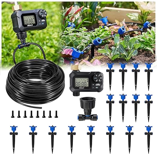 HIRALIY 50FT Drip Irrigation System with Timer, Pressure Compensated Watering Kit with 12 Adjustable Emitters, Quick Connect Garden Irrigation for Patio Pots, Raised Beds and Plants