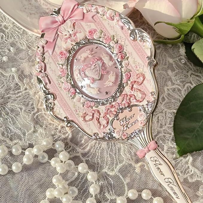 Flower Knows Bunny Garden Collection Hand Mirror,Vintage Portable Handheld Mirror,Fancy & Pretty Princess Mirror with Long Handle,Gift for Girls(Rosette Pink)
