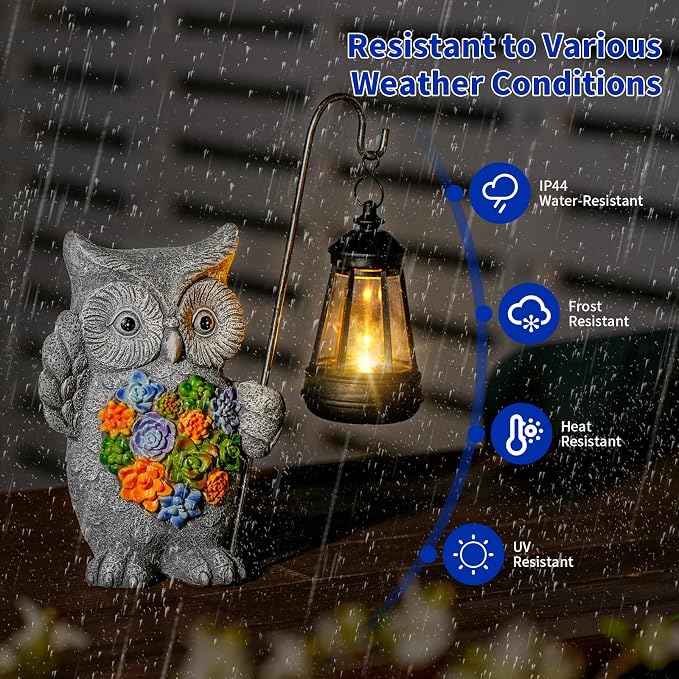 Solar Owl Garden Statue with Succulent Decor & Hanging Lantern – Outdoor Resin Decor for Patio, Yard, Balcony – Unique Gift for Women, Gardeners