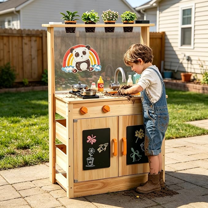 Costzon Mud Kitchen, Fir Wood Outdoor Play Kitchen with 4 Planting Pots, Stoves, Removable Sink, Acrylic Panel, Chalkboards & Accessories, Kids Kitchen Playset for Backyard Garden, Gift for Boys Girls
