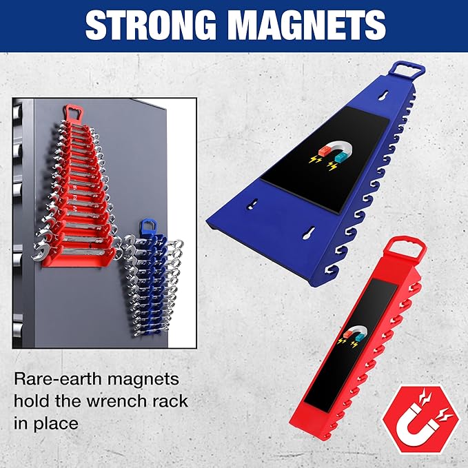 WORKPRO 4-Pack Magnetic Wrench Organizer, 2PC 15-Slot and 2PC 12-Slot Gripper Holder for Tool Boxes, Flexible Gripping Teeth and Carrying Handle, Fit for SAE and Metric, Blue, Red