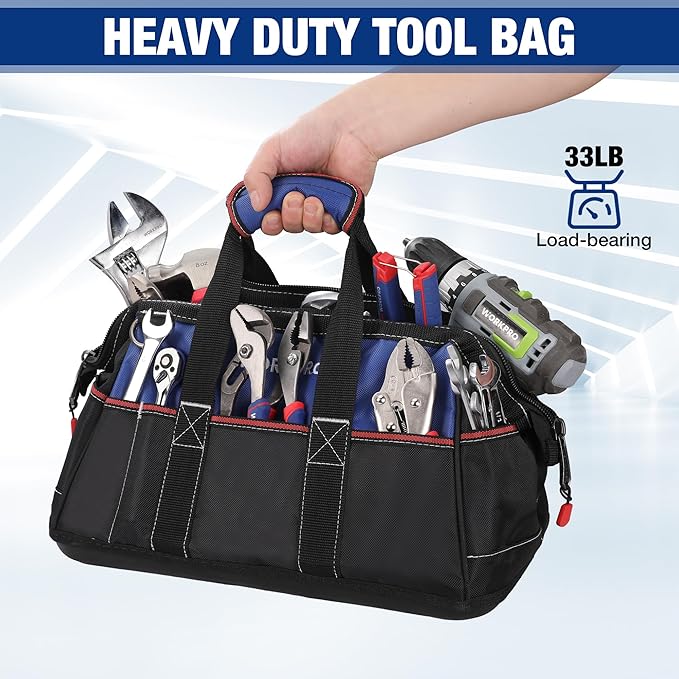 WORKPRO 16-inch Wide Mouth Tool Bag, Heavy Duty Cloth Tool Storage Bag with Water Proof Molded Base, Adjustable Shoulder Strap, Father Day Gifts for Men
