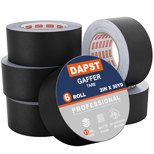6 Pack Black Gaffers Tapes 2 Inch x 30 Yards x 11 Mil - Pro Black Gaff Tape - Waterproof, No Residue, Non-Reflective, Easy Tear - Photography, Filming Backdrop, Stage, Production (180 Yards in Tatal)
