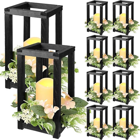 Hushee 30 Pcs Wooden Wedding Lantern Centerpiece Integrated Holders with Candles and Wreaths Rustic Wooden Candle Lantern Decor for Wedding Party Table Valentine Decor (Black)