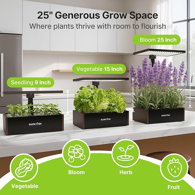 SUNCOZE Hydroponics Growing System Kit, 20 Pods Indoor Herb Garden with 10L Large Tank & Adjustable Height 25", 30W LED Grow Light, LCD Display with Pump & Low Water Reminder, Black&Brown