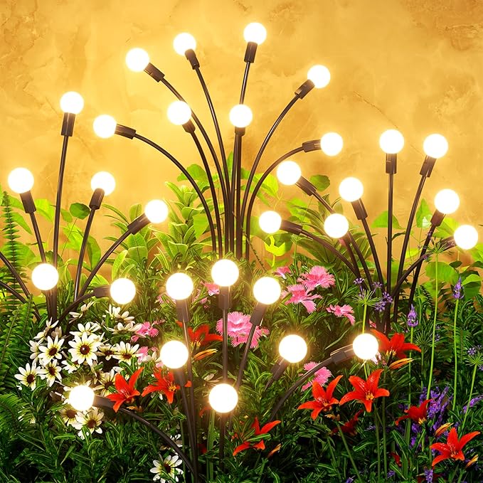 Solar Lights Outdoor(6 Pack,48 LEDs),Solar Lights Outdoor Waterproof for Garden Decor,4 Modes Firefly Light for Outdoor Decor,Big Bulb High Lumens Patio Decor,Sway by Wind,Gardening Gifts for Women