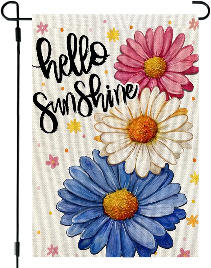 CROWNED BEAUTY Hello Sunshine Garden Flag Daisy Spring Summer 12x18 Inch Double Sided Small Seasonal Holiday Floral Farmhouse Decoration for Outside Yard