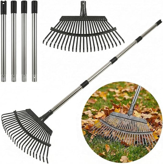 Heavy Duty Metal Bow Leaf Rake for Yard & Garden - 20" Wide Head with 25 Steel Teeth, 40-68" Adjustable Stainless Steel Handle, Rust-Resistant Garden Yard Rake for Leaves, Grass, Debris & Lawn Cleanup