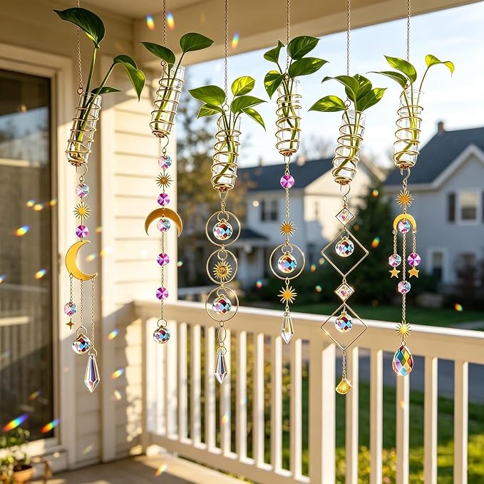HDCRYSTALGIFTS 4Pcs Crystal Suncatchers with Propagation Stations,Glass Wall Planters for Indoor Plants Hydroponics - Propagation Tubes Jars with Sun Catchers Metal Chain for Home Whimsical Decor