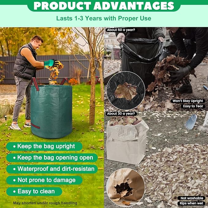 4 Pack 72 Gallon Reusable Yard Waste & Lawn Leaf Bags with Gloves - Heavy Duty Garden Trash Bags for All-Season Cleanup, Patio & Grass Clippings, Camping, Recyclable & Light Construction, Collapsible
