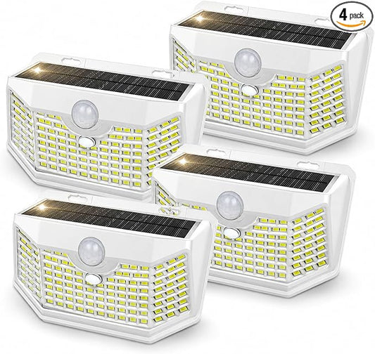 HMCITY 120 LED Outdoor Solar Lights with Motion Sensor and 3 Lighting Modes, IP65 Waterproof Wide Solar Wall Lights Ideal for Garden Patio Yard (Front Button 4Packs, White Shell-Daylight White)