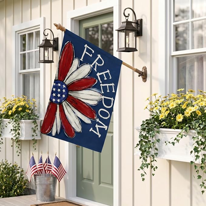 CROWNED BEAUTY 4th of July Patriotic Daisy House Flag Large 28x40 Inch Double Sided Freedom for Independence Day Outside Yard Decor