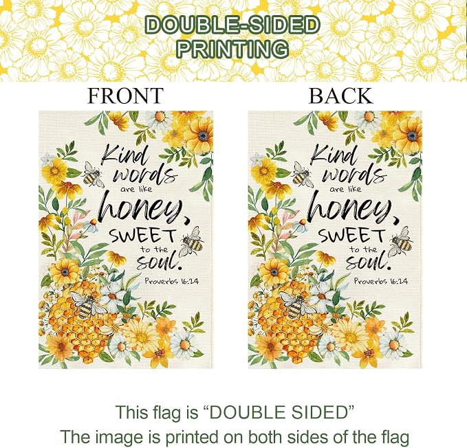 Baccessor Summer Bee House Flag 28x40 Inch Double Sided Burlap, Kind Word Honey Sweet Yellow Floral Flowers Holiday Porch Patio Outdoor Outside Decoration