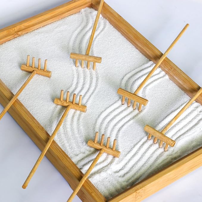 Zen Garden Mini Bamboon Rake - 6PCS Tabletop Rock Sand Garden Tools Accessories Small Sandbox Kits Japanese Zen Gift for Birthday
